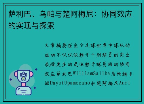 萨利巴、乌帕与楚阿梅尼：协同效应的实现与探索